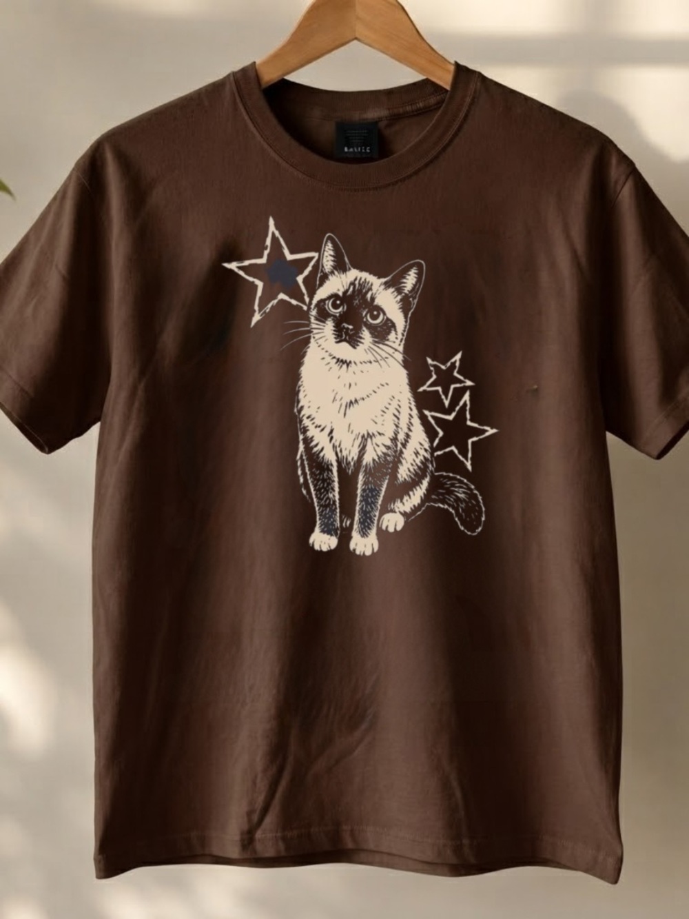 Gildan Brown Tee with Cream Cat and Star Graphic
